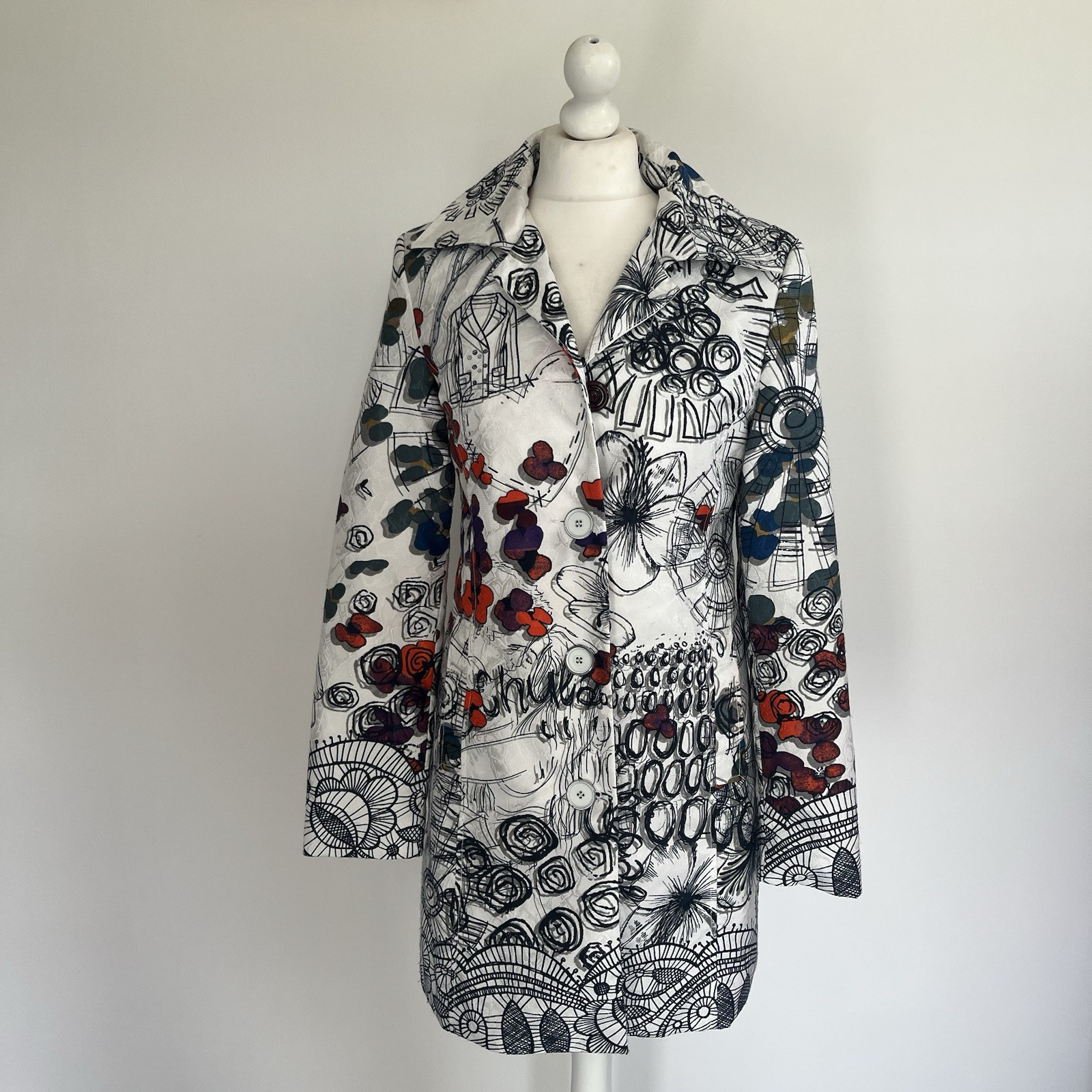 Desigual White Multicolored Collared Long Sleeve Trench Coat Size EUR 38-image