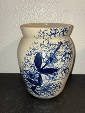P R Storie Pottery Marshall TX 8.5” Crock Jar Decorative Cobalt Blue Spongeware