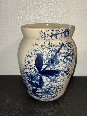 P R Storie Pottery Marshall TX 8.5  Crock Jar Decorative Cobalt Blue Spongeware
