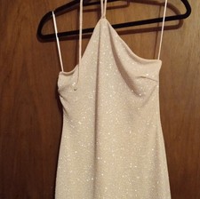 Beige Glitter Halter Mini Slip Dress Stretch Knit Party Clubwear