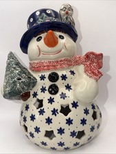 Polish Pottery Snowman Tea Light UNIKAT Winter Snowflake 11.5&rdquo; No Base