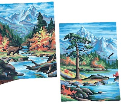 Vintage Paint By Number Bear Hunting Fish Waterfall Forest Stream 1960s Set Of 2