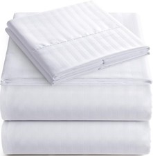 3Pcs Flat Sheet Oversized 132 x 110 In 400 TC with 2 Pillow Cover white Stripe