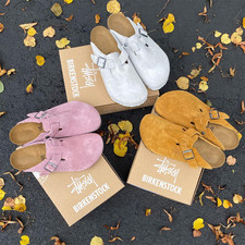 Birkenstock Stussy Boston Suede Clogs Women  s Shoes Dusty Pink Caramel Bone