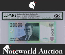 Indonesia 20000 Rupiah 2004 / 2009 P 144f LOW S/N 8 UNC PMG 66 EPQ 3rd TOP POP