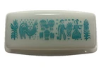 vintage Pyrex  Amish butterprint butter dish  White Milk Glass Turquoise Print
