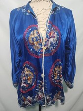 Vintage Silky Chinese Dragon, Hand Embroidered Blue Jacket. Made in China.