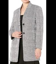 Kasper Double Button Front Long Length Plaid Jacket Women's 16 Black/White