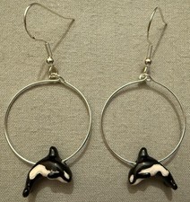 ORCA BEAD HOOP EARRINGS - SS Ear Wires  Silver Plated Hoops with Ceramic Beads