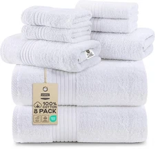 8 Piece Premium Towel Set, 2 Bath, 2 Hand, and 4 Washcloths, 100% Ring Spun C...