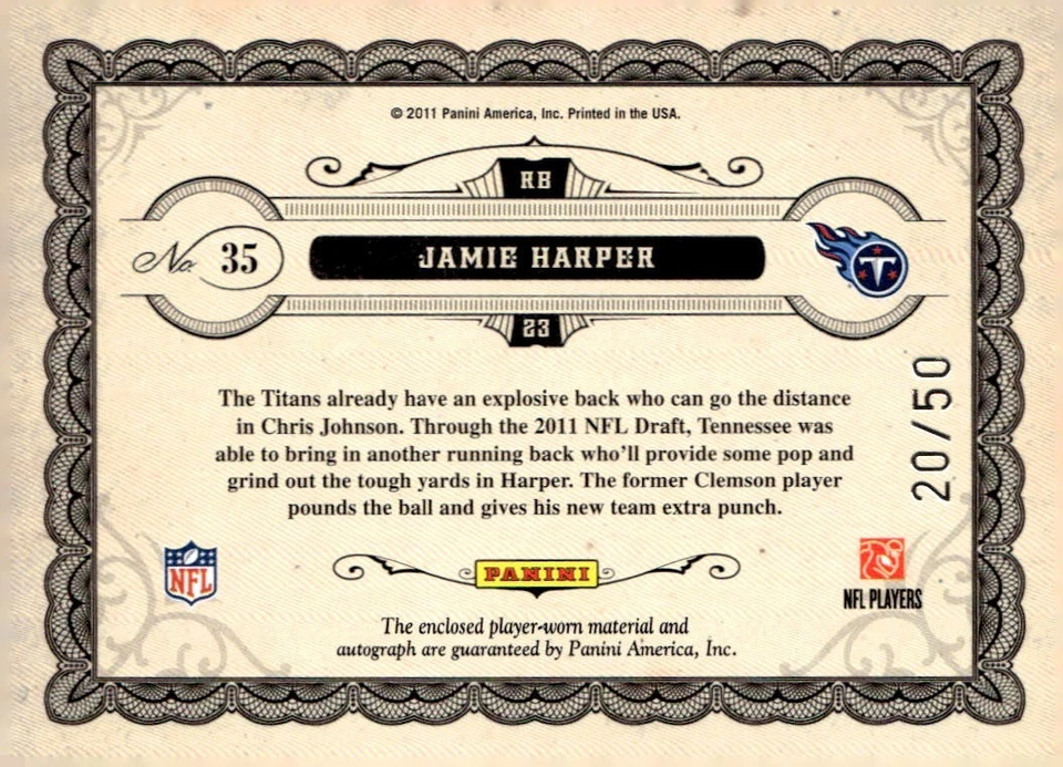 JAMIE HARPER 2011 GOLD STANDARD AUTO JERSEY ROOKIE #20/50 TITANS - Image 2 of 2