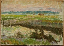 Ukrainian Soviet Oil Painting Impressionism Pointillism landscape fild spring