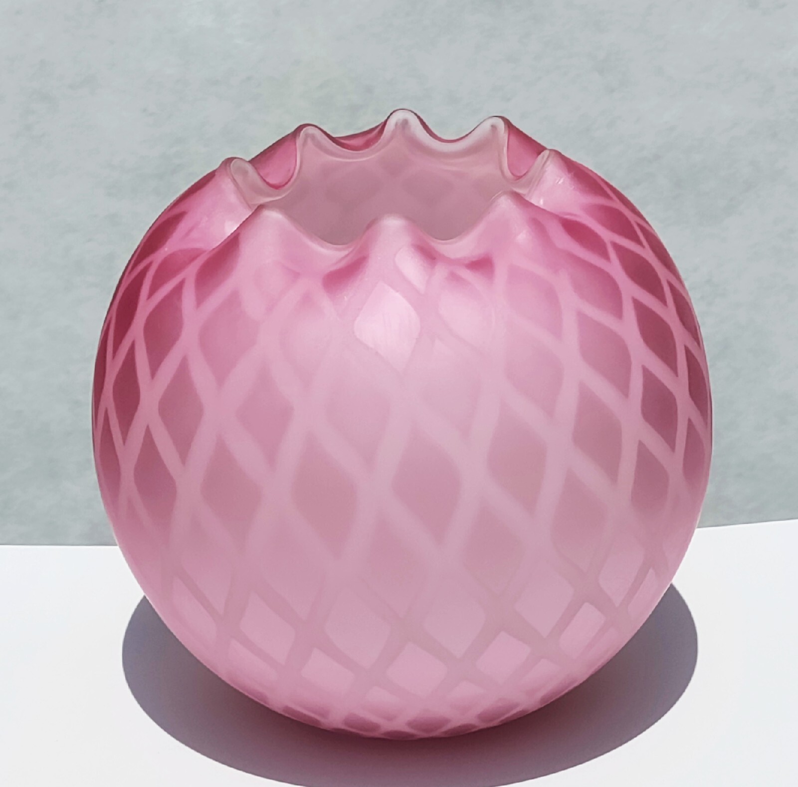 Antique Optic Diamond Pink Cased Satin Glass Pinched Rim Rose Bowl