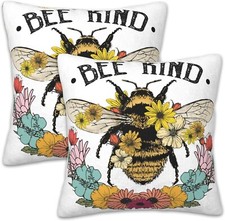 Set of 2 Bee Kind Throw Cushion Cover 18x18 Inch Honey Bee and Flower Pillowcase