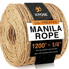 Manila Rope - 3 Strand Cordage Twisted Braided Rope 1/4" 1200 Feet