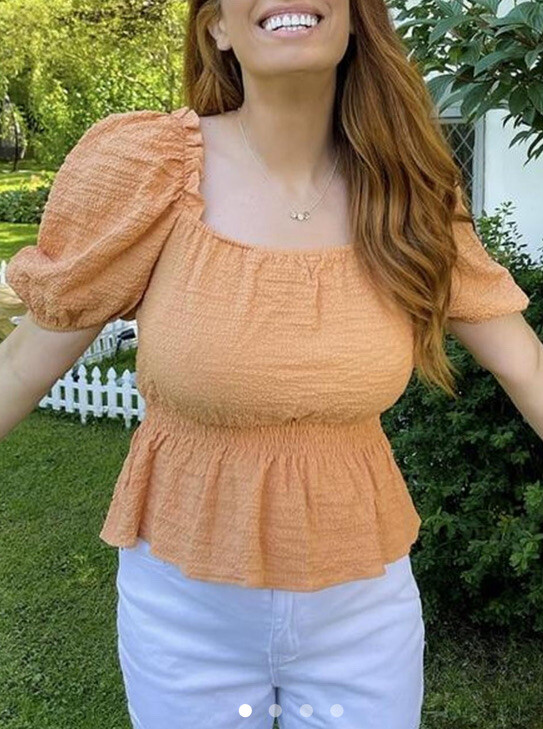Stacey Solomon Orange Puff Sleeve Square Neck Peplum Top, Size