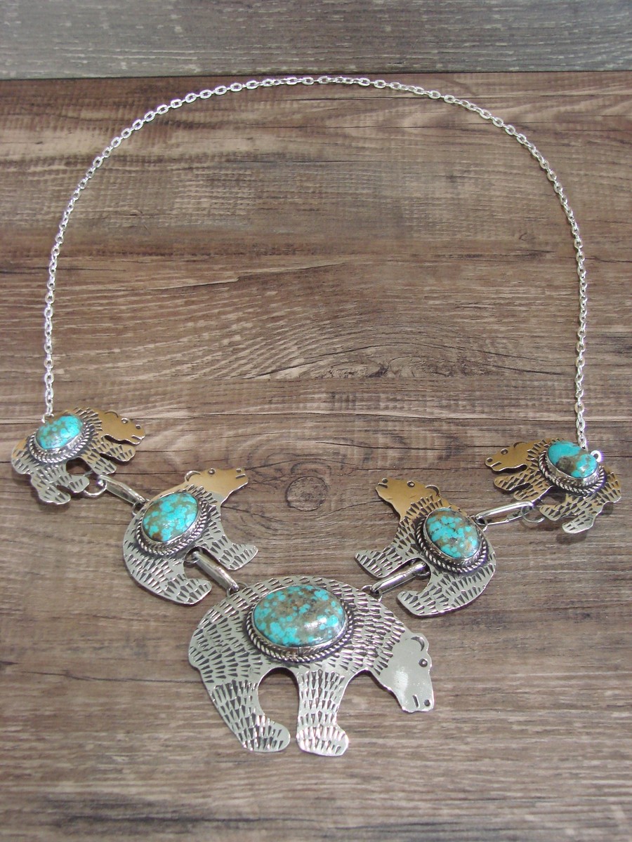 Navajo Indian Nickel Silver & Turquoise Bear Link Necklace by