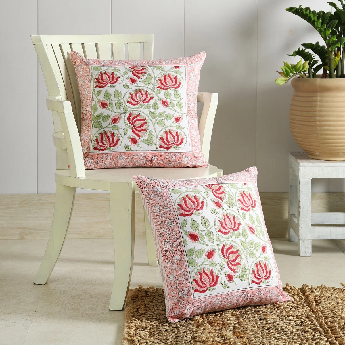 Indian Cotton Cushion Cover Block Printed Pillow Covers White