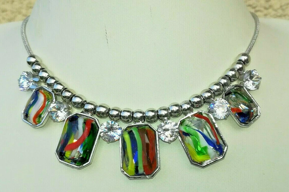 Schlangenkette, mit Behang, Strass und bunte Perlen, Collier silber-farben - Bild 2 von 4