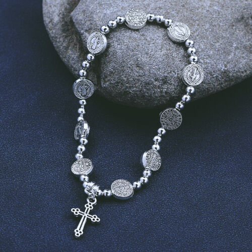 Retro Silver Saint Icons Religious Cross Bracelets Christian Jewelry Gift - Afbeelding 1 van 6