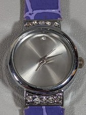 Silver Tone Dial Round Case Purple Faux Leather Band Watch
