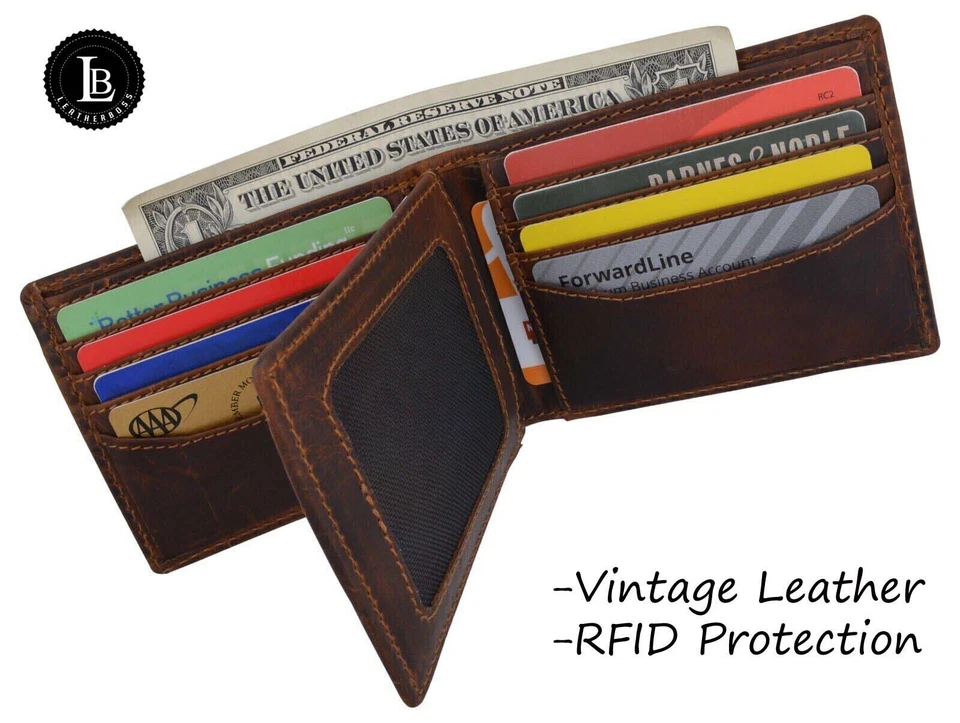 Cartera con solapa central plegable de cuero marrón vintage con bloqueo RFID para hombre Foto 4 de 4