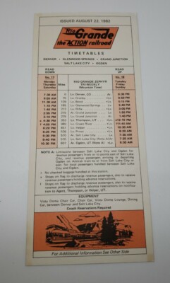 Denver & Rio Grand Western Railroad Zephyr Fahrplan August 1982 Salt Lake City