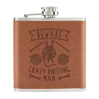 Beware Crazy Knitting Mann 170Ml Pu-Leder Flachmann Hellbraun Vatertag Boyfriend