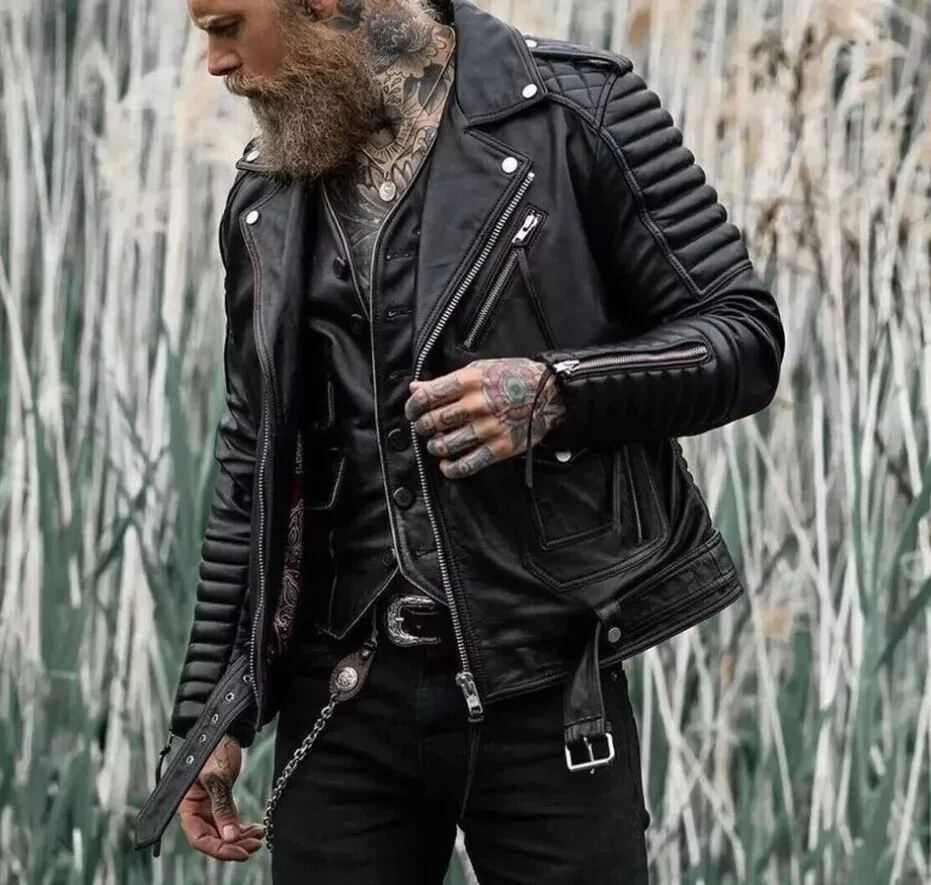 Men's Slim Fit Leather Jacket Biker Style Real Lambskin Quilted Leather Jacket