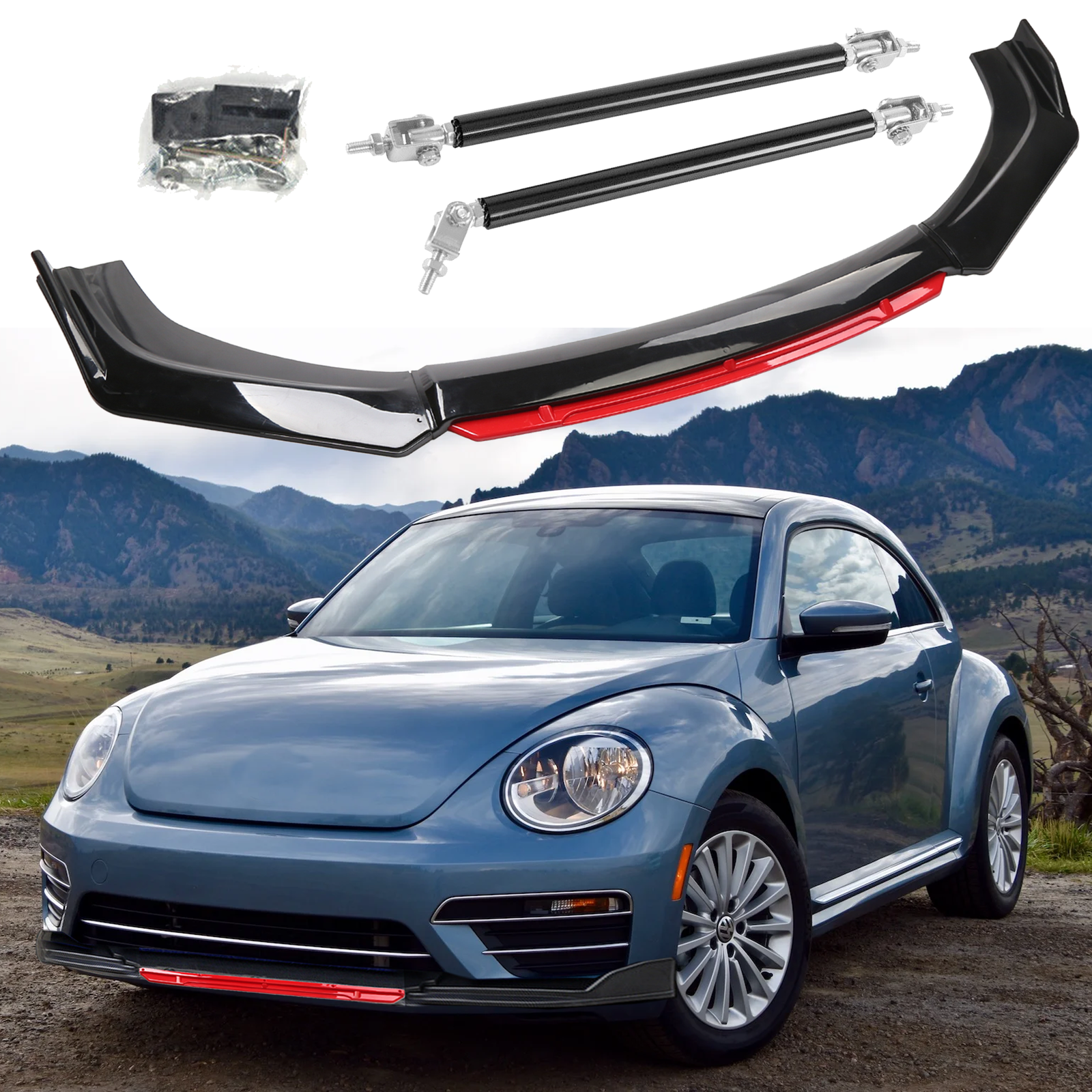 VW Beetle Front Bumper Lip Spoiler Splitter with Carbon Strut Rod