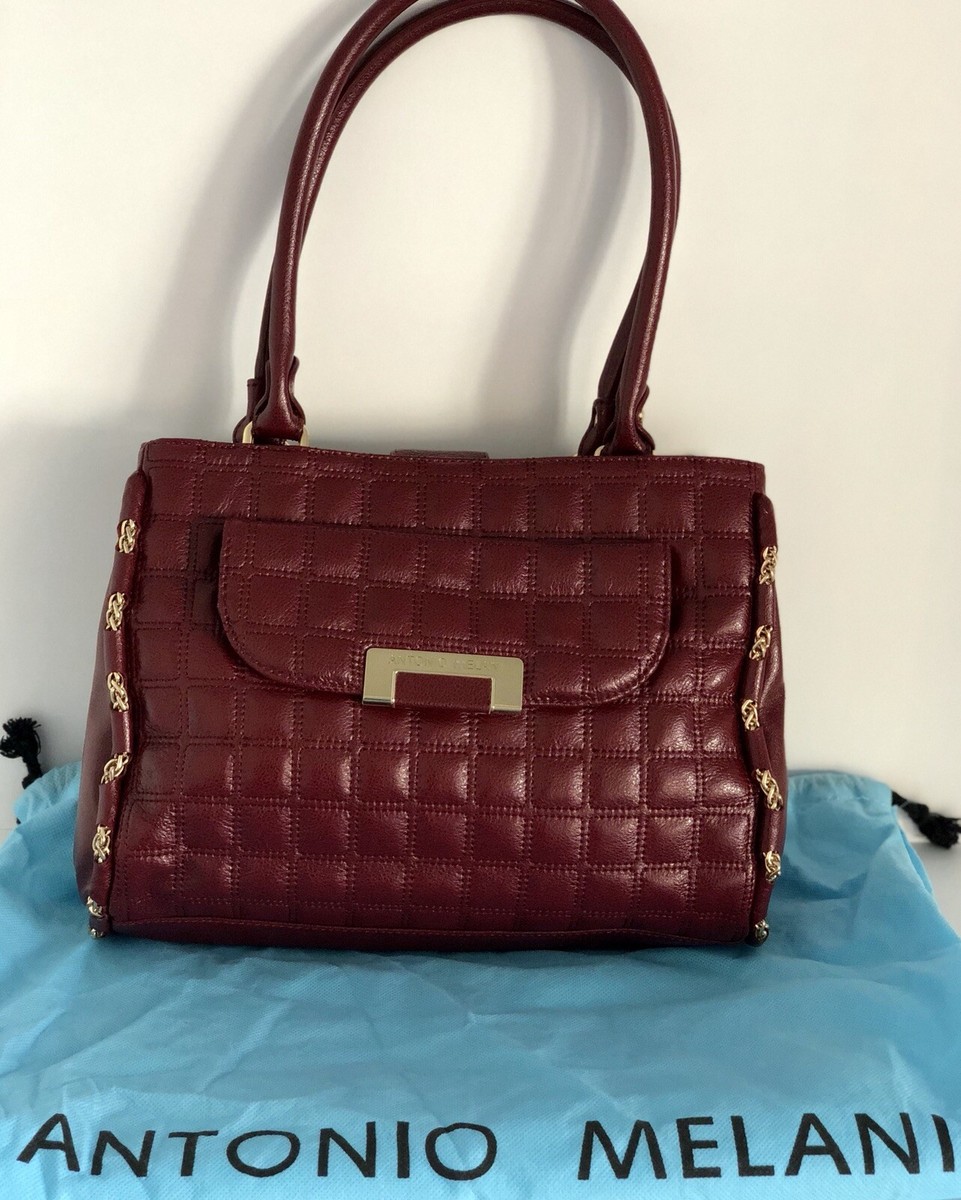 Antonio Melani Leather Medium Satchel Quilted Maroon/Gold Handbag