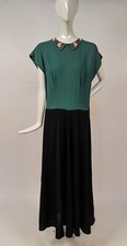1940  S GREEN  BLACK CREPE LONG DRESS W BEADED SOUTACHE NECKLINE 