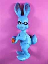 Vintage Molded Plastic Blue Easter Bunny Holographic Eyes Jointed 12 Inch 1960's