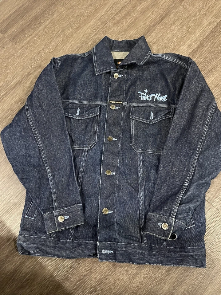 Jaqueta jeans vintage platina Nova masculina grande azul denim logotipo Phat Nova - Imagem 2 de 4