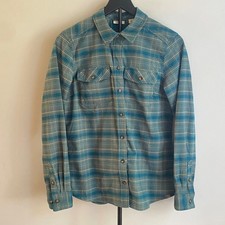LL Bean Womens Plaid Button Down Shirt Small Turquoise Beige Long Sleeve