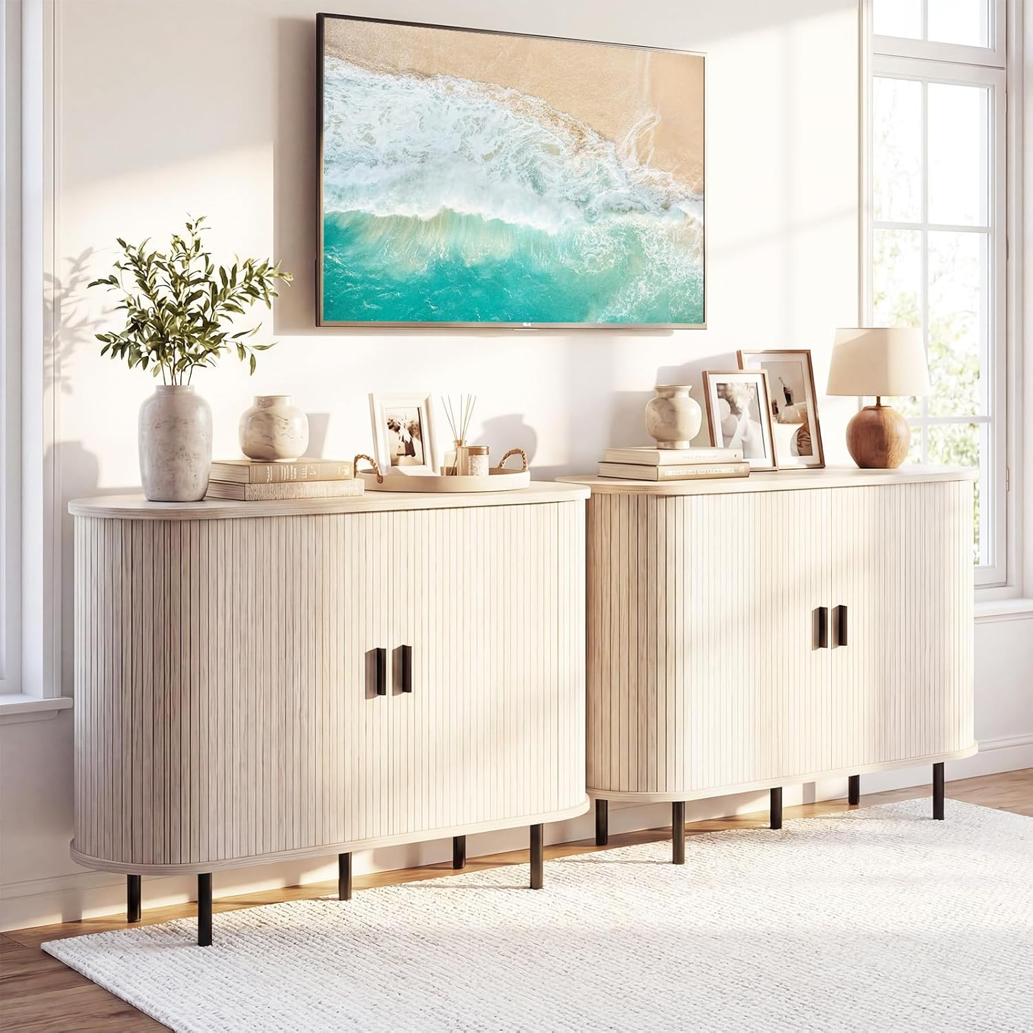 Mid Century 47'' Fluted Sideboard Buffet Cabinet with Tambour Doors - White Oak