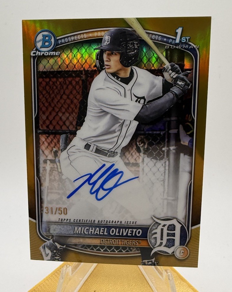 Michael Oliveto 2025 Bowman Draft #CPA-MO Tigers 1st Chrome True Gold #/50 Auto