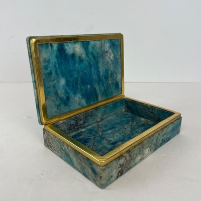 1960 s Alabaster Blue Marble Jewelry Box Italy Gold Trim