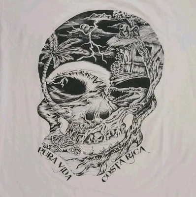 RARE Vintage Y2K Costa Rica Pura Vida Tee SKULL Thunder Storm Beach White Sz L