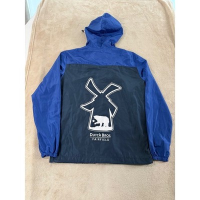 Dutch Bros Coffee Windbreaker Jacket Blue Black Logo Pullover Hooded Size M EUC