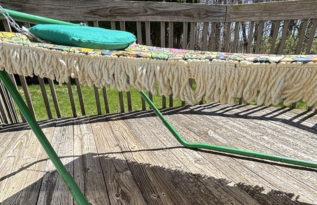 1960's　レトロ　ポップ　グリーン　フラワー　バブル　ポール　ラック Vtg 60s Flower Power Cotton Canvas Hammock W/ Metal Tube Stand MOD