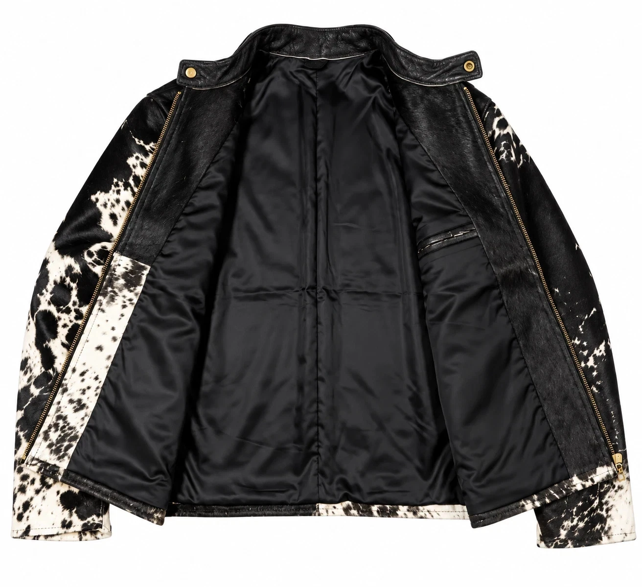 Men's Genuine Hair-On Cowhide Leather Jacket Black White Natural Western Biker image 2
