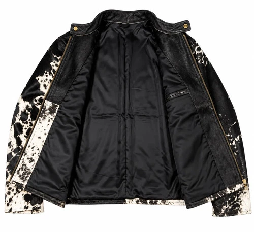 Men's Genuine Hair-On Cowhide Leather Jacket Black White Natural Western Biker image 2