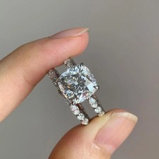 3.70 Ct Cushion-Cut Lab Grown Diamond Solitaire Bridal Ring Set 14k White Gold