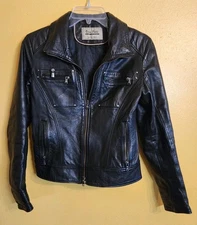 Vintage Leather Biker Jacket Black Zipper Studs Made In Italy Soft XS- Small EUC