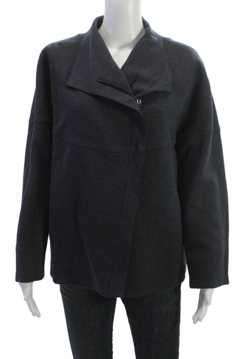 Akris Punto Women Dark Blue Virgin Wool Cotton Jacket Mock Neck Size 14Free Shipping in US $100+ Orders | $6.95 Orders Below