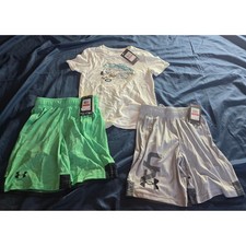 Under Armour Boys 3pc Set White Graphic Tee Grey Green Mesh Shorts YXS NWT