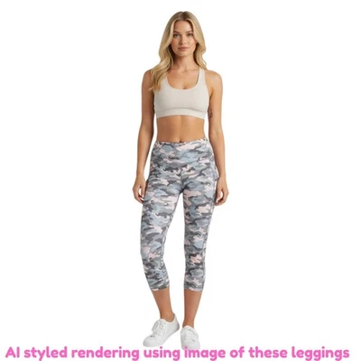 Fabletics Women Medium Mila Pocket Capri Powerhold Leggings Pink Camo Side Mesh - Image 1 of 4