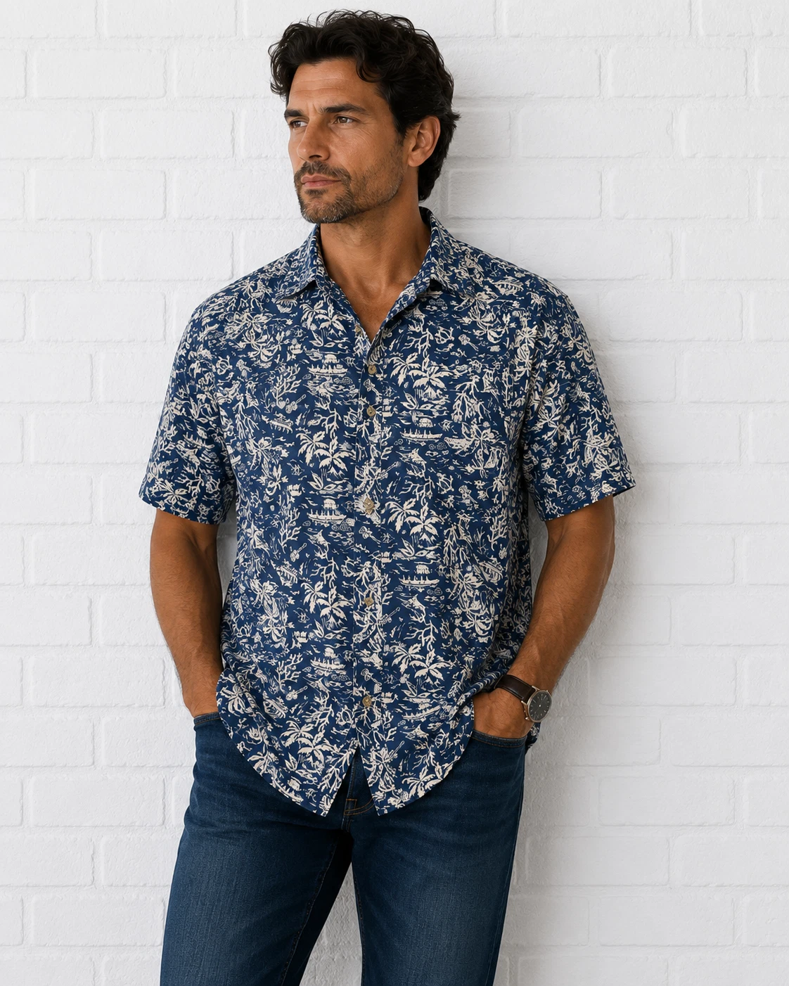 Columbia PFG Fishing Shirt Mens XXL Blue Tropical Island Print Short Sleeve Vent