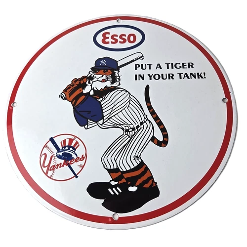 Vintage Esso Gasoline Sign - Yankees Gas Service Station Baseball Porcelain Sign